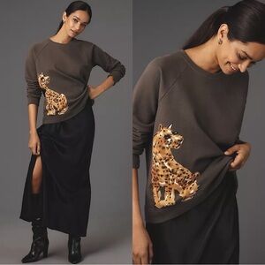 ANTHROPOLOGIE Loulou Avenue Cheetah Graphic Crewneck Sweatshirt in Gray Sz XS